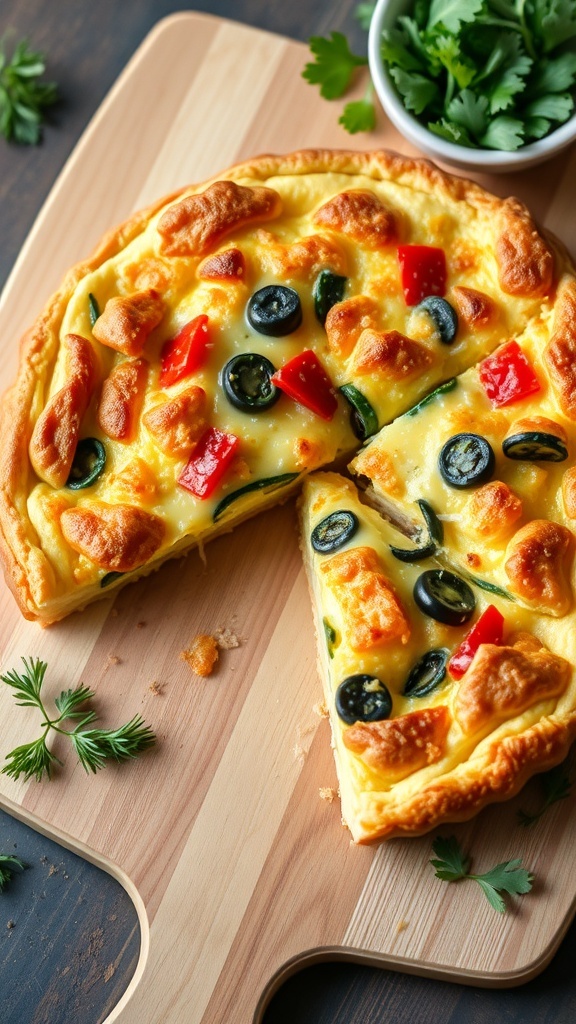A golden quiche with a flaky crust, filled with vegetables and cheese, sliced into wedges on a cutting board.